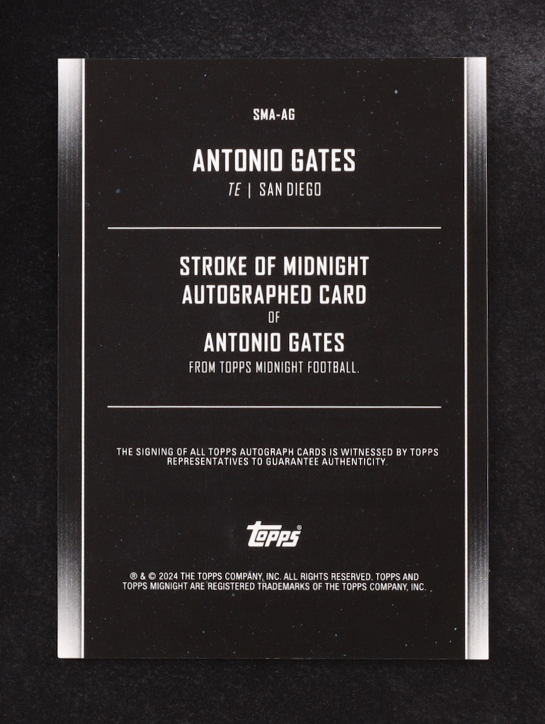 Antonio Gates 2024 Topps Midnight Stroke of Midnight Autographs Twilight #SMA-AG #76/99 at PristineAuction.com Antonio Gates 2024 Topps Midnight Stroke of Midnight Autographs Twilight #SMA-AG #76/99 at PristineAuction.com