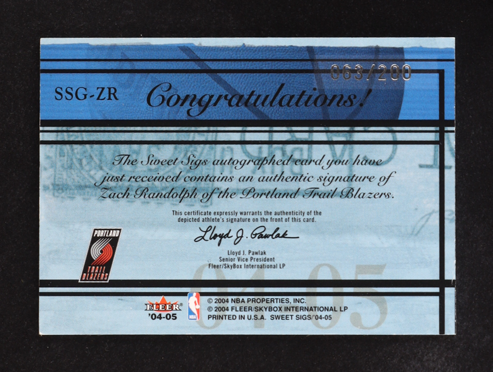 Zach Randolph 2004-05 Fleer Sweet Sigs Autographs #SSG-ZR #063/200 at PristineAuction.com Zach Randolph 2004-05 Fleer Sweet Sigs Autographs #SSG-ZR #063/200 at PristineAuction.com