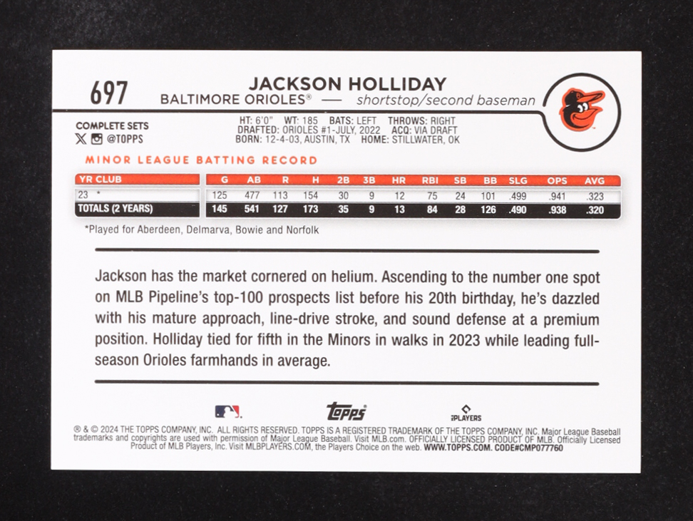 Jackson Holliday 2024 Topps Base Set Photo Variations #697I RC at PristineAuction.com Jackson Holliday 2024 Topps Base Set Photo Variations #697I RC at PristineAuction.com