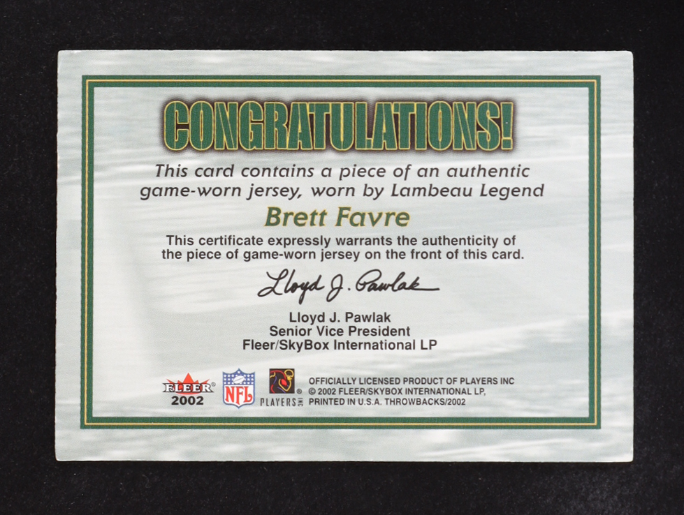 Brett Favre 2002 Fleer Lambeau Legends Throwbacks at PristineAuction.com Brett Favre 2002 Fleer Lambeau Legends Throwbacks at PristineAuction.com