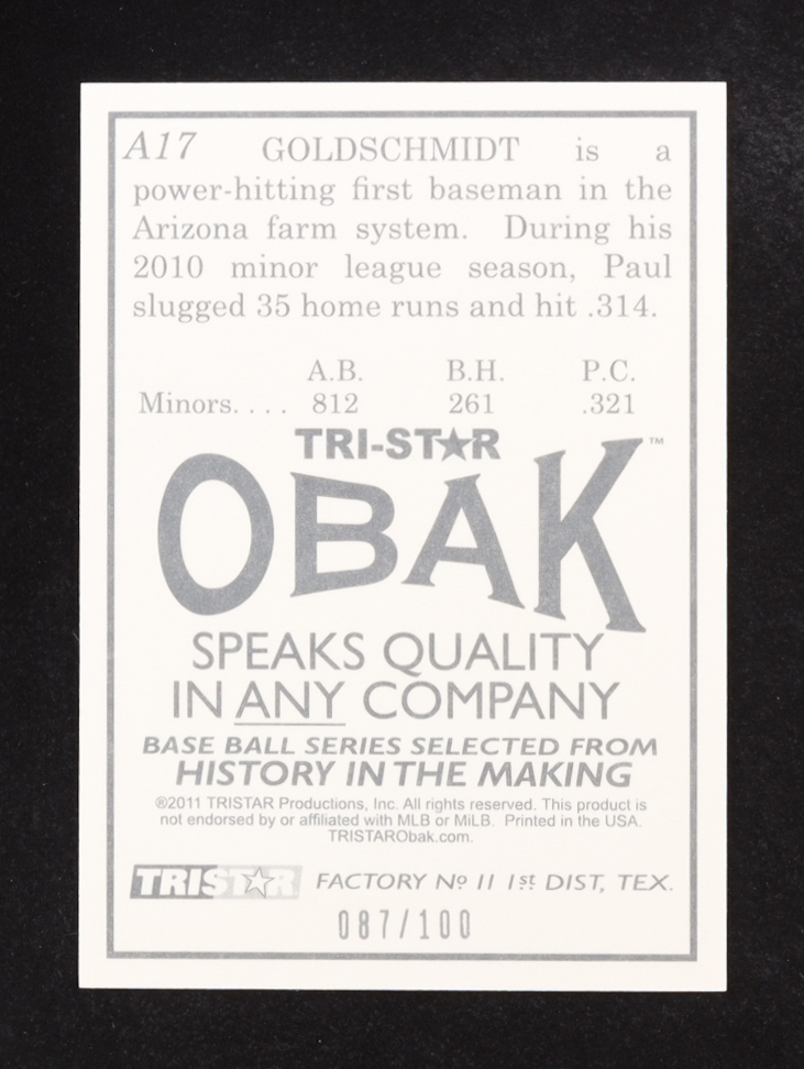 Paul Goldschmidt 2011 TRISTAR Obak Autographs #A17 #087/100 RC at PristineAuction.com Paul Goldschmidt 2011 TRISTAR Obak Autographs #A17 #087/100 RC at PristineAuction.com