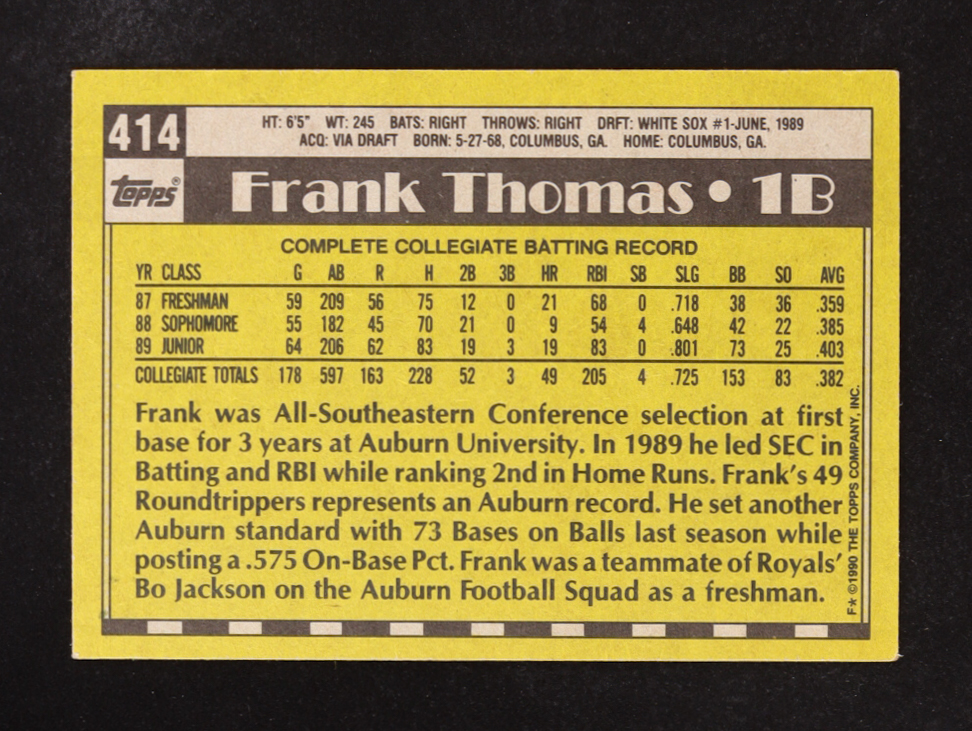 Frank Thomas 1990 Topps #414 RC at PristineAuction.com Frank Thomas 1990 Topps #414 RC at PristineAuction.com