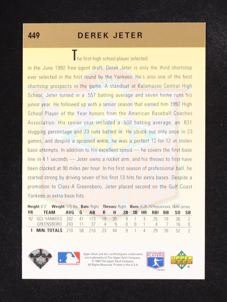 Derek Jeter 1993 Upper Deck #449 RC at PristineAuction.com Derek Jeter 1993 Upper Deck #449 RC at PristineAuction.com