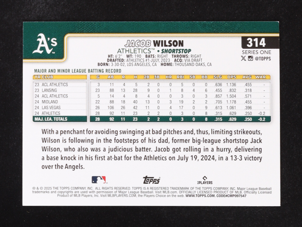 Jacob Wilson 2025 Topps #314 RC at PristineAuction.com Jacob Wilson 2025 Topps #314 RC at PristineAuction.com