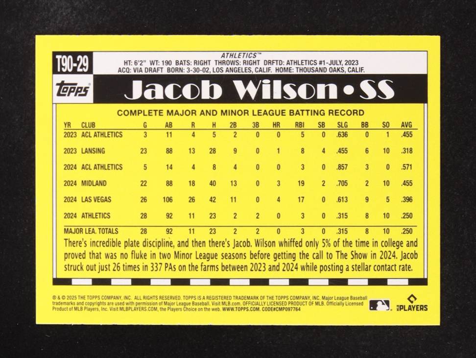 Jacob Wilson 2025 Topps '90 Topps #T9029 RC at PristineAuction.com Jacob Wilson 2025 Topps '90 Topps #T9029 RC at PristineAuction.com