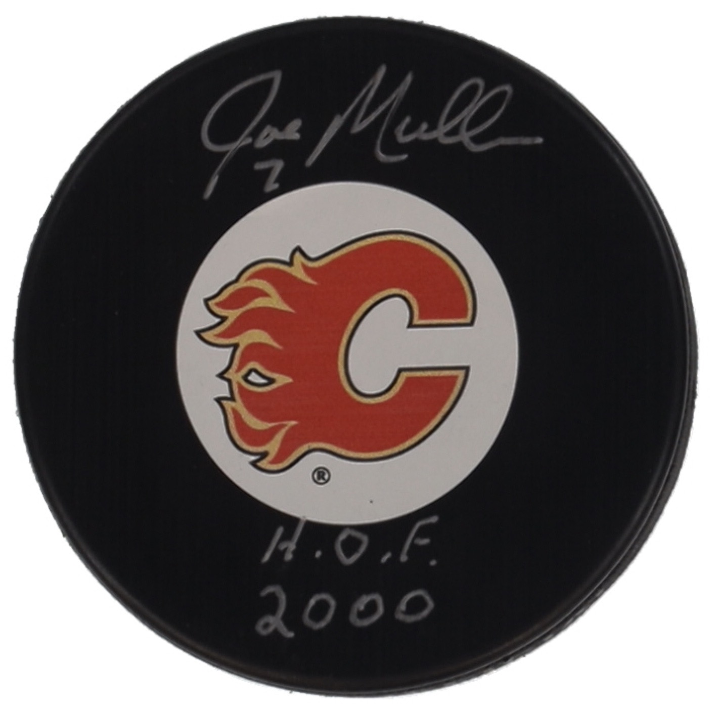 Joe Mullen Signed Flames Logo Hockey Puck Inscribed "H.O.F. 2000" (Schwartz) at PristineAuction.com Joe Mullen Signed Flames Logo Hockey Puck Inscribed "H.O.F. 2000" (Schwartz) at PristineAuction.com