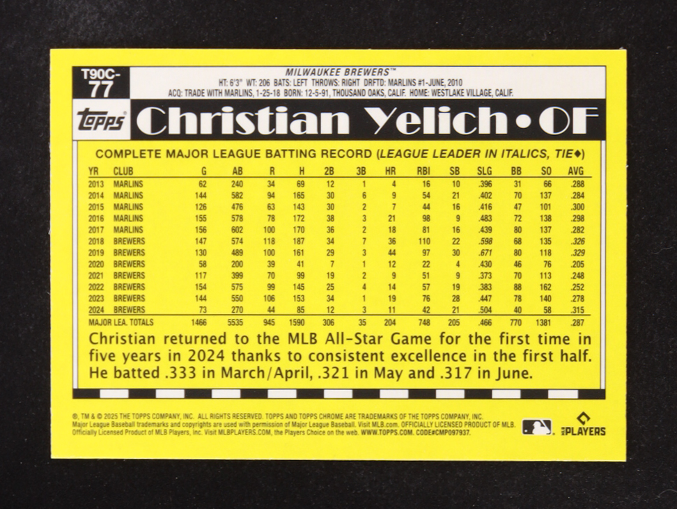 Christian Yelich 2025 Topps '90 Topps Silver Pack Chrome #T90C77 at PristineAuction.com Christian Yelich 2025 Topps '90 Topps Silver Pack Chrome #T90C77 at PristineAuction.com