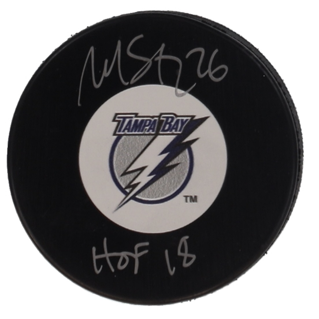 Martin St. Louis Signed Lightning Logo Hockey Puck Inscribed "HOF 18" (Schwartz) at PristineAuction.com Martin St. Louis Signed Lightning Logo Hockey Puck Inscribed "HOF 18" (Schwartz) at PristineAuction.com