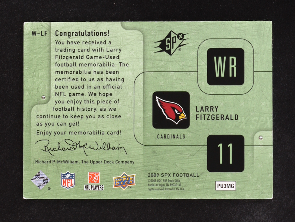 Larry Fitzgerald 2009 SPX Football Winning Materials #W-LF #149/149 at PristineAuction.com Larry Fitzgerald 2009 SPX Football Winning Materials #W-LF #149/149 at PristineAuction.com