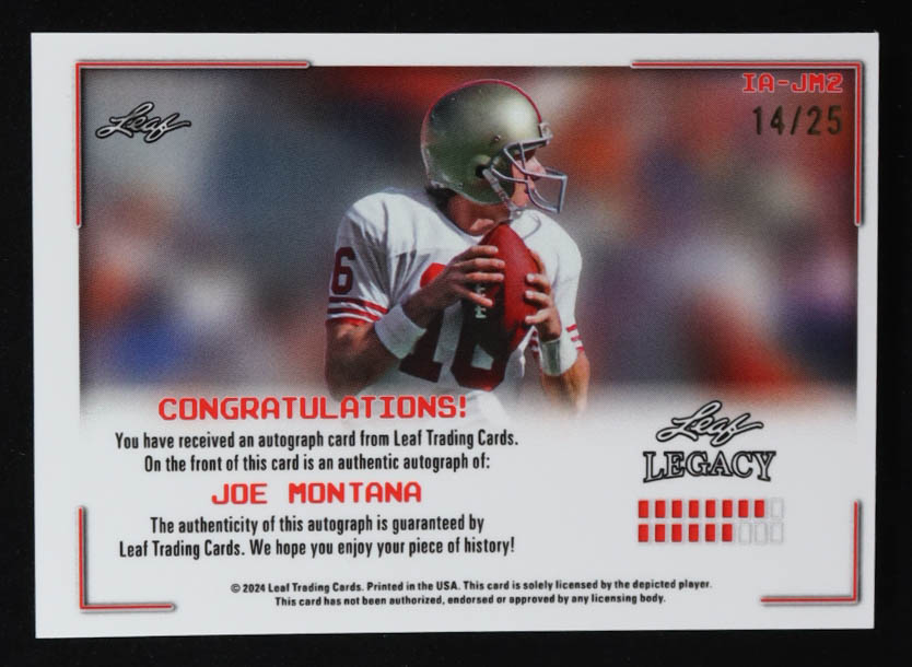 Joe Montana 2024 Leaf Joe Montana Legacy In Action Prismatic Platinum Blue #IAJM2 #14/25 at PristineAuction.com Joe Montana 2024 Leaf Joe Montana Legacy In Action Prismatic Platinum Blue #IAJM2 #14/25 at PristineAuction.com