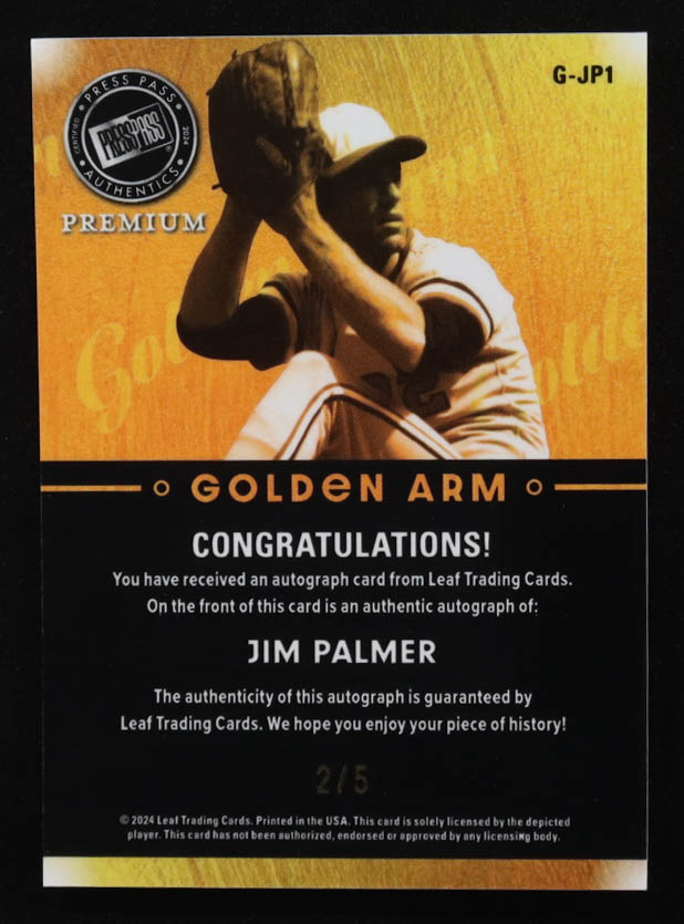 Jim Palmer 2024 Press Pass Premium Golden Arm Autographs Purple #G-JP1 #2/5 at PristineAuction.com Jim Palmer 2024 Press Pass Premium Golden Arm Autographs Purple #G-JP1 #2/5 at PristineAuction.com