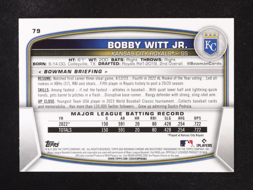 Bobby Witt Jr. 2023 Bowman Chrome #79 at PristineAuction.com Bobby Witt Jr. 2023 Bowman Chrome #79 at PristineAuction.com