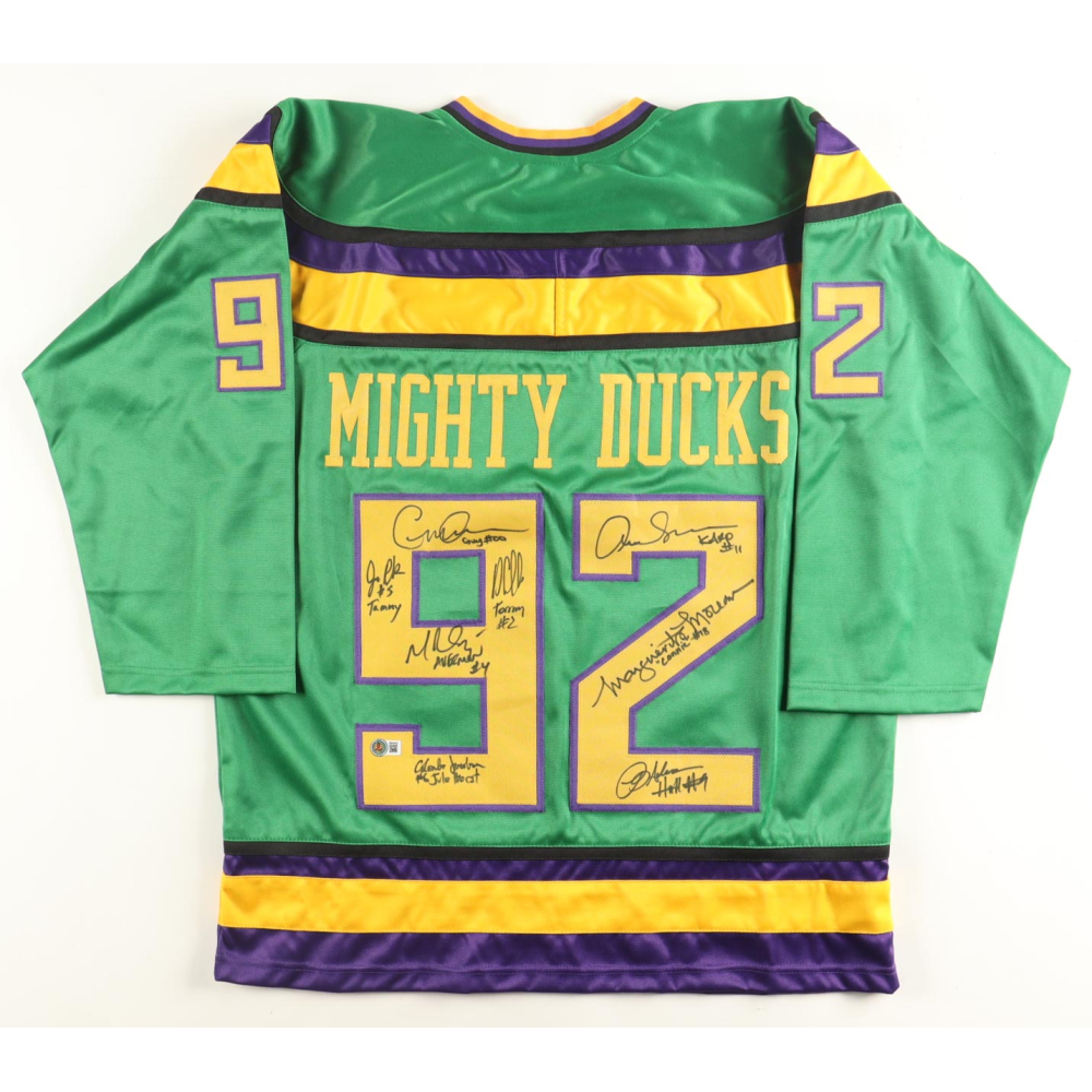 "The Mighty Ducks" Cast-Signed Jersey by (8) with Aaron Schwartz, Jane Plank, Matt Doherty With Character Name Inscriptions (Beckett) at PristineAuction.com