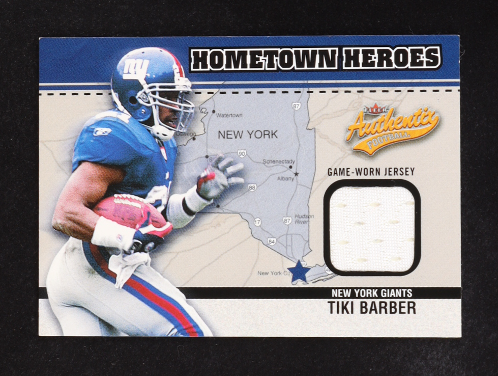 Tiki Barber 2003 Fleer Hometown Heroes Game Worn Jersey #HH-TB2 at PristineAuction.com Tiki Barber 2003 Fleer Hometown Heroes Game Worn Jersey #HH-TB2 at PristineAuction.com