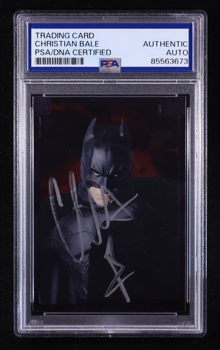 Christian Bale Signed 2005 Topps Batman Begins Movie Embossed Foil #5 Batman facing forward RED (PSA Authentic) at PristineAuction.com Christian Bale Signed 2005 Topps Batman Begins Movie Embossed Foil #5 Batman facing forward RED (PSA Authentic) at PristineAuction.com