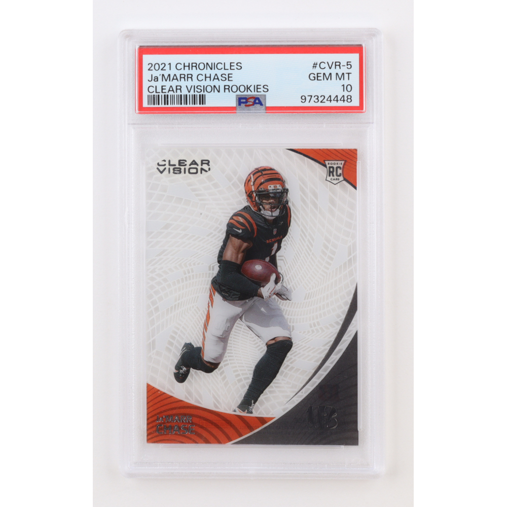 Ja'Marr Chase 2021 Panini Chronicles Clear Vision Rookies #CVR-5 RC (PSA 10) at PristineAuction.com Ja'Marr Chase 2021 Panini Chronicles Clear Vision Rookies #CVR-5 RC (PSA 10) at PristineAuction.com