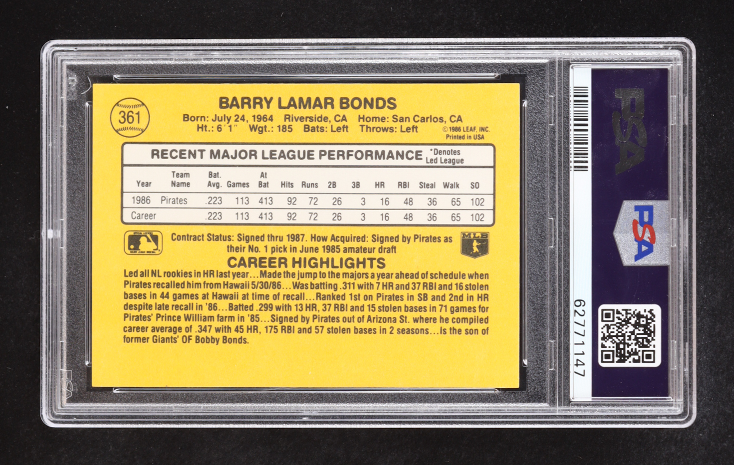 Barry Bonds 1987 Donruss #361 RC (PSA 9) at PristineAuction.com Barry Bonds 1987 Donruss #361 RC (PSA 9) at PristineAuction.com