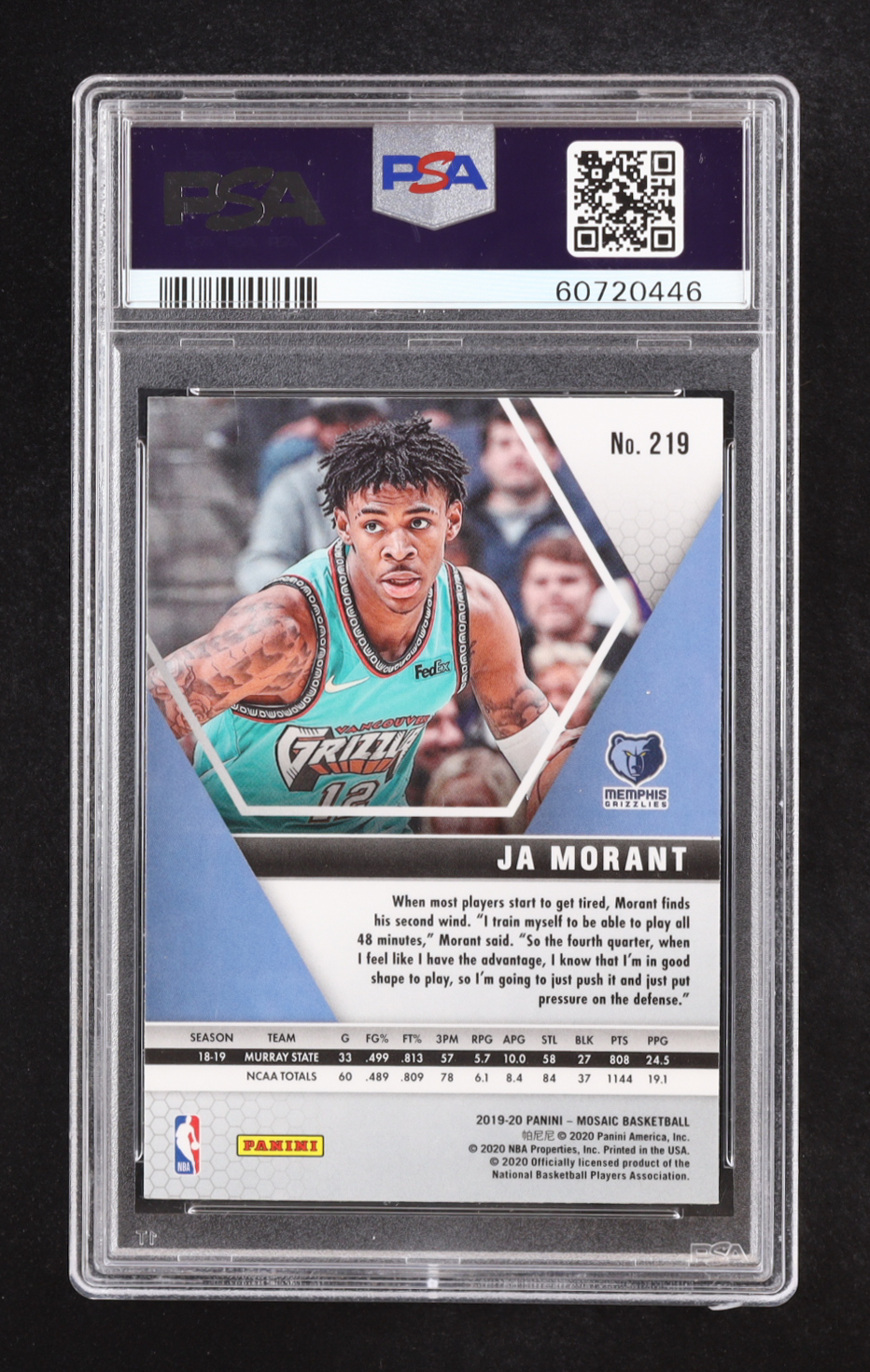 Ja Morant 2019-20 Panini Mosaic #219 RC (PSA 10) at PristineAuction.com Ja Morant 2019-20 Panini Mosaic #219 RC (PSA 10) at PristineAuction.com