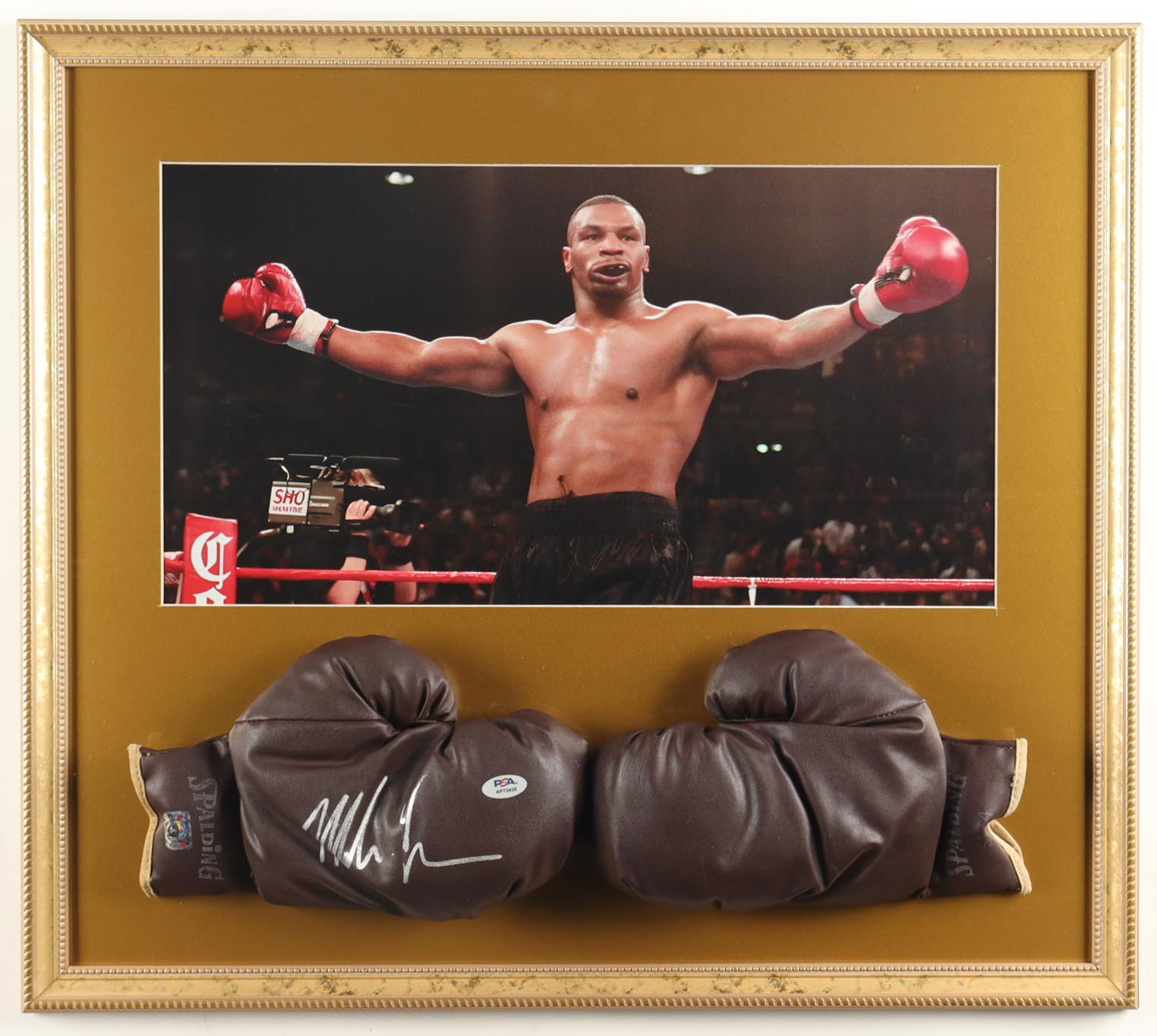 Mike Tyson Signed Custom Framed Set of (2) Vintage 1960 Spalding Boxing Gloves Display (Tyson & PSA) at PristineAuction.com Mike Tyson Signed Custom Framed Set of (2) Vintage 1960 Spalding Boxing Gloves Display (Tyson & PSA) at PristineAuction.com