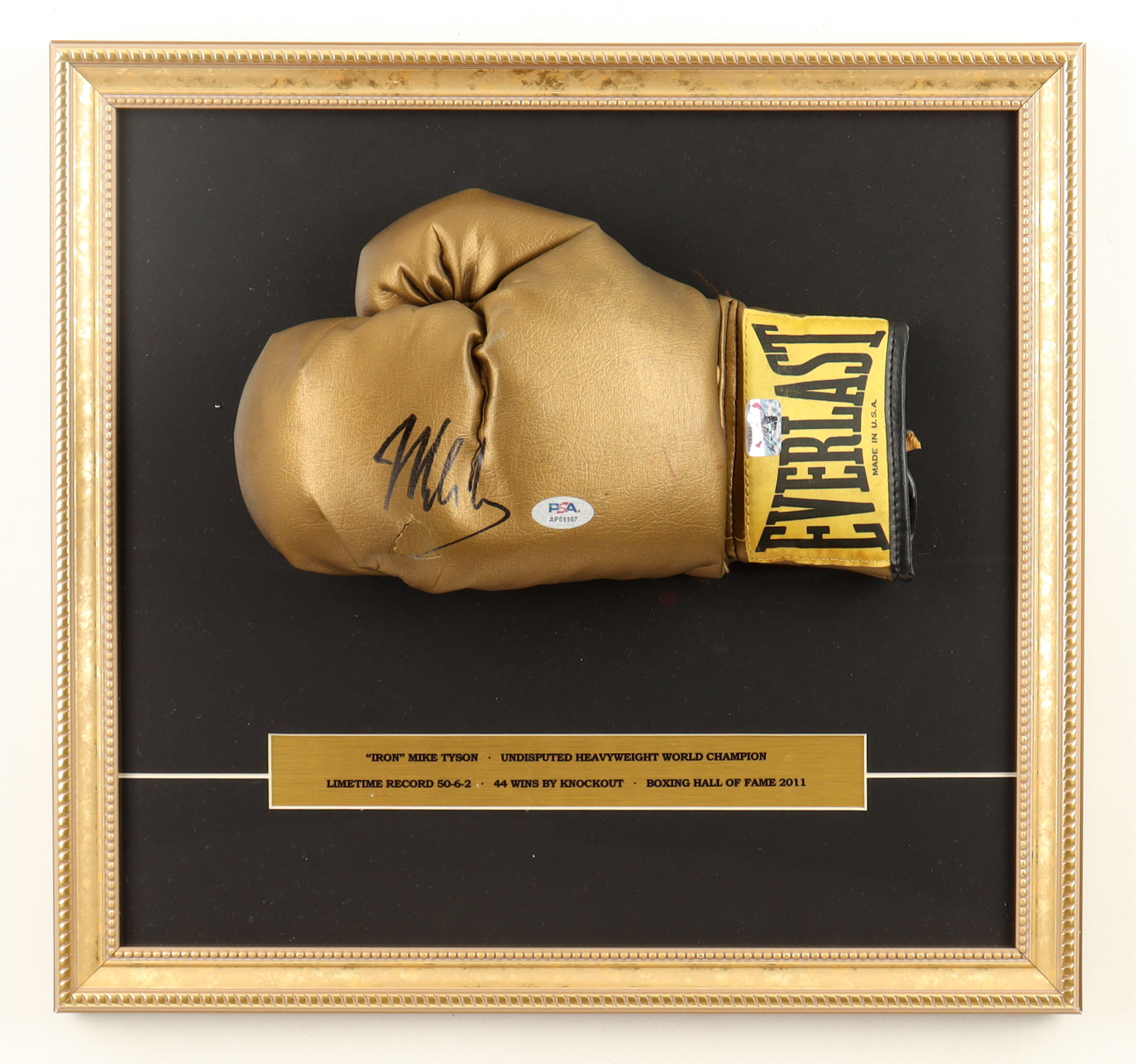Mike Tyson Signed Custom Framed Everlast Vintage Gold Edition Boxing Glove Display with Stat Plaque (Tyson & PSA) at PristineAuction.com Mike Tyson Signed Custom Framed Everlast Vintage Gold Edition Boxing Glove Display with Stat Plaque (Tyson & PSA) at PristineAuction.com