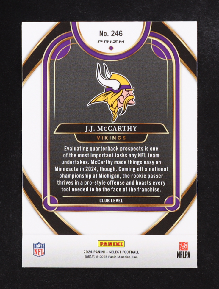 J.J. McCarthy 2024 Select Prizm Red and Yellow Shock #246 RC at PristineAuction.com J.J. McCarthy 2024 Select Prizm Red and Yellow Shock #246 RC at PristineAuction.com