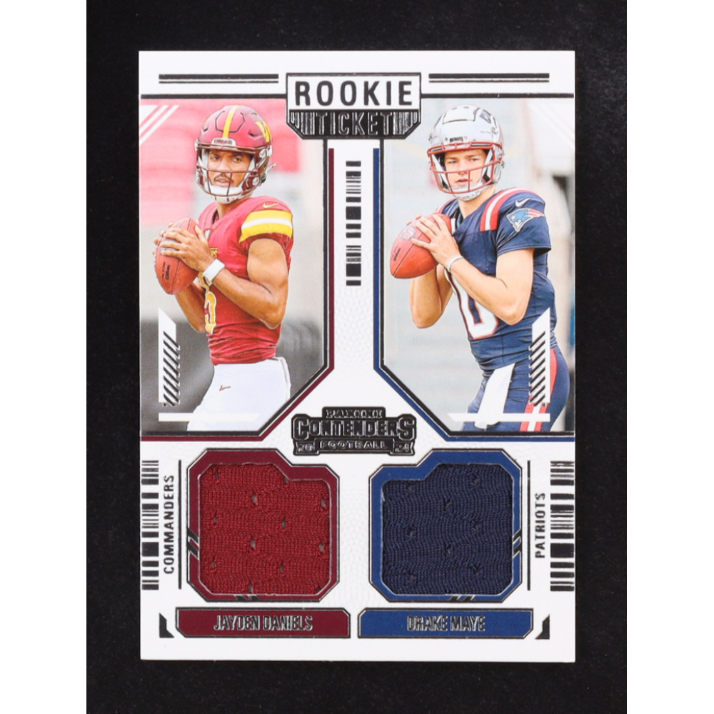 Drake Maye / Jayden Daniels 2024 Panini Contenders Rookie Ticket Dual Swatches #13 RC at PristineAuction.com Drake Maye / Jayden Daniels 2024 Panini Contenders Rookie Ticket Dual Swatches #13 RC at PristineAuction.com