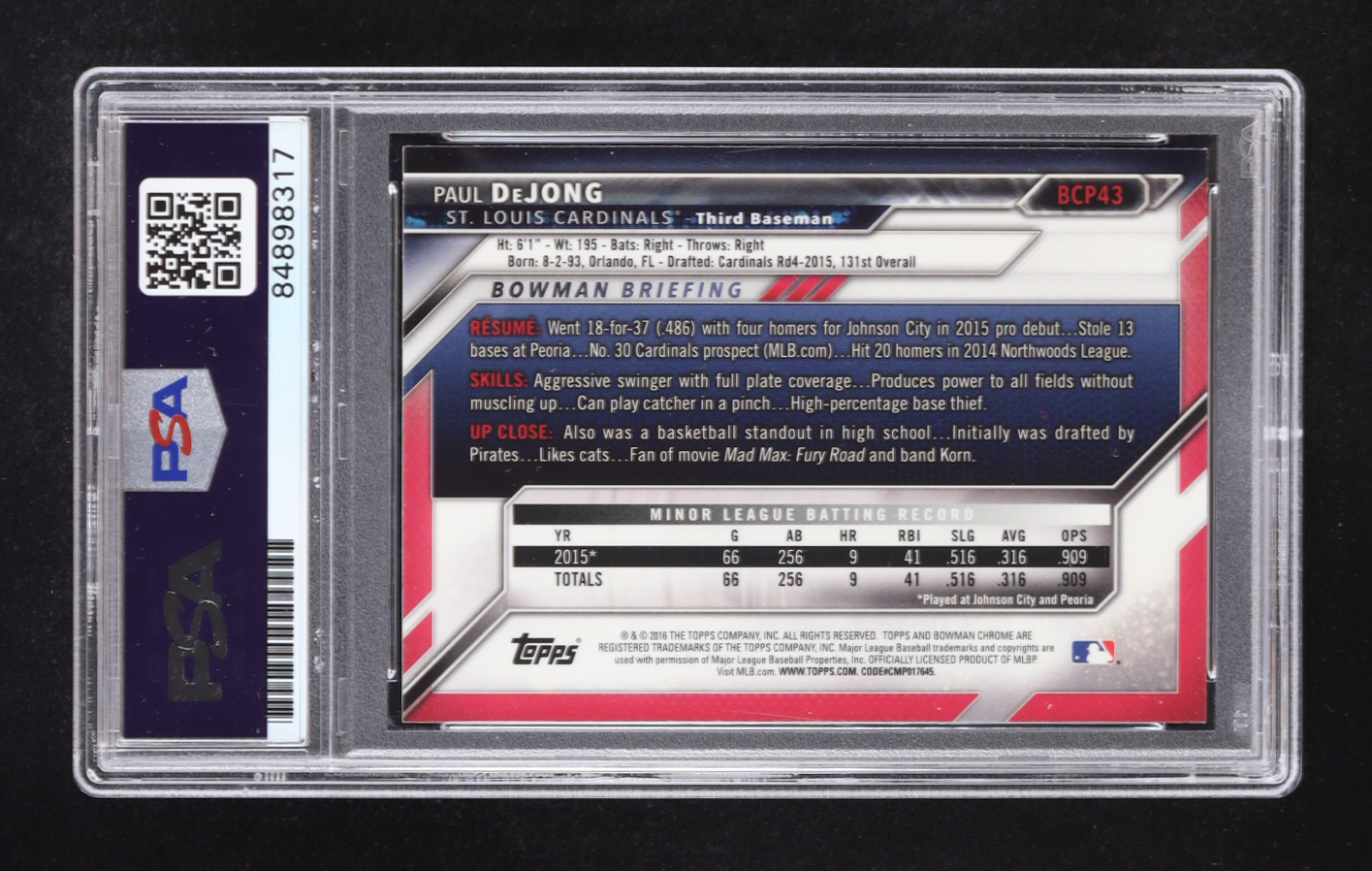 Paul DeJong Signed 2016 Bowman Chrome Prospects #BCP43 RC (PSA Authentic) at PristineAuction.com Paul DeJong Signed 2016 Bowman Chrome Prospects #BCP43 RC (PSA Authentic) at PristineAuction.com