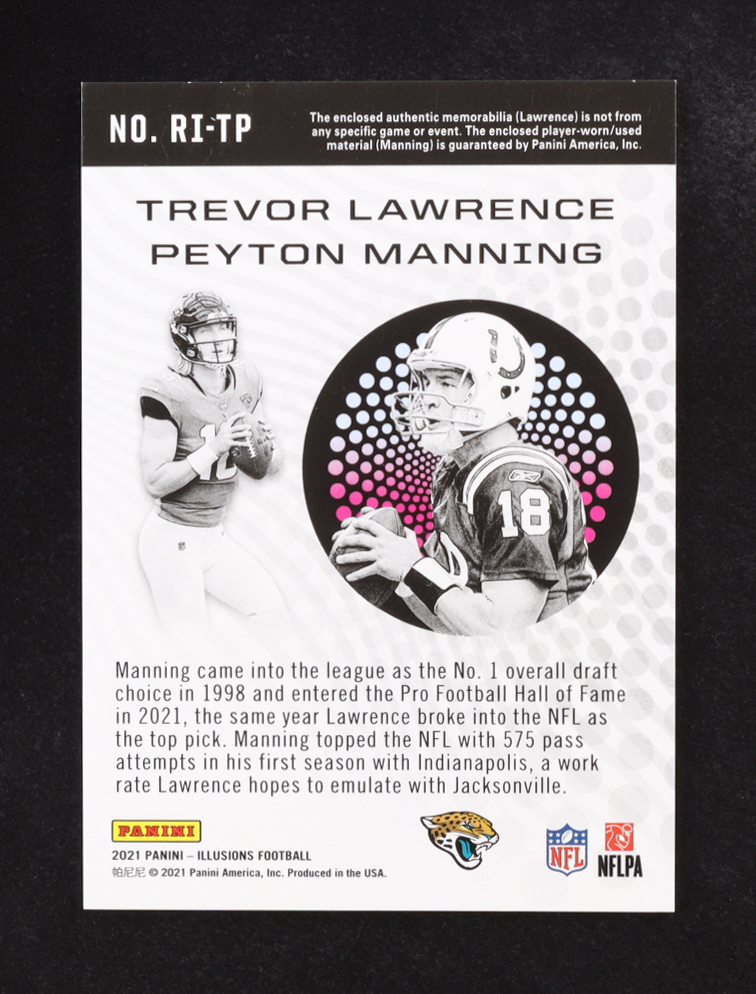Peyton Manning / Trevor Lawrence 2021 Panini Illusions Rookie Idols Dual Memorabilia #1 at PristineAuction.com Peyton Manning / Trevor Lawrence 2021 Panini Illusions Rookie Idols Dual Memorabilia #1 at PristineAuction.com