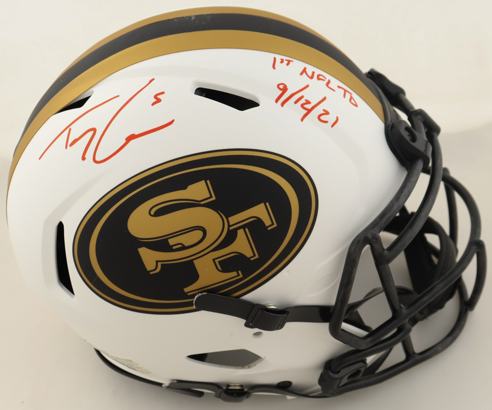 Trey Lance Signed 49ers Full-Size Authentic On-Field Lunar Eclipse Alternate Speed Helmet Inscribed "1st NFL TD 9/12/21" (Beckett) at PristineAuction.com Trey Lance Signed 49ers Full-Size Authentic On-Field Lunar Eclipse Alternate Speed Helmet Inscribed "1st NFL TD 9/12/21" (Beckett) at PristineAuction.com