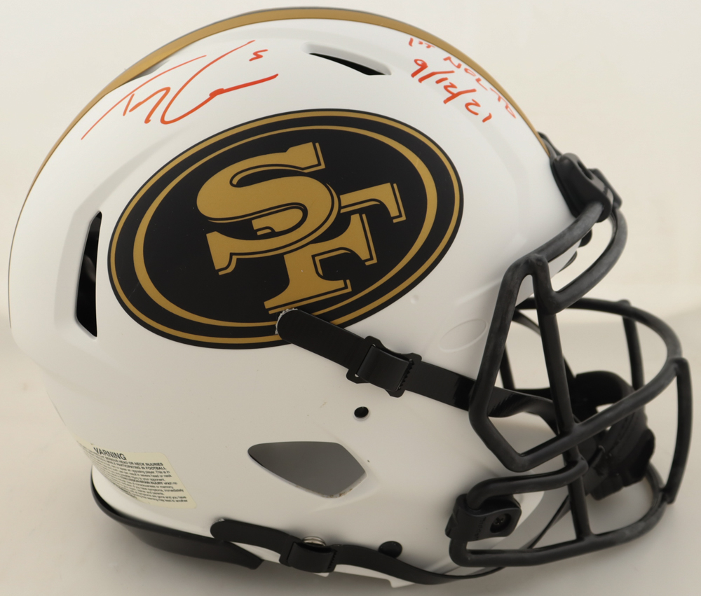 Trey Lance Signed 49ers Full-Size Authentic On-Field Lunar Eclipse Alternate Speed Helmet Inscribed "1st NFL TD 9/12/21" (Beckett) at PristineAuction.com Trey Lance Signed 49ers Full-Size Authentic On-Field Lunar Eclipse Alternate Speed Helmet Inscribed "1st NFL TD 9/12/21" (Beckett) at PristineAuction.com