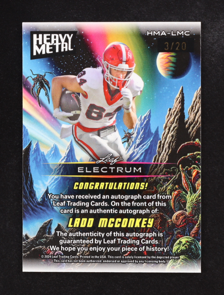 Ladd McConkey 2024 Leaf Electrum Heavy Metal Autographs Tie-Dye #HMALMC #03/20 RC at PristineAuction.com Ladd McConkey 2024 Leaf Electrum Heavy Metal Autographs Tie-Dye #HMALMC #03/20 RC at PristineAuction.com