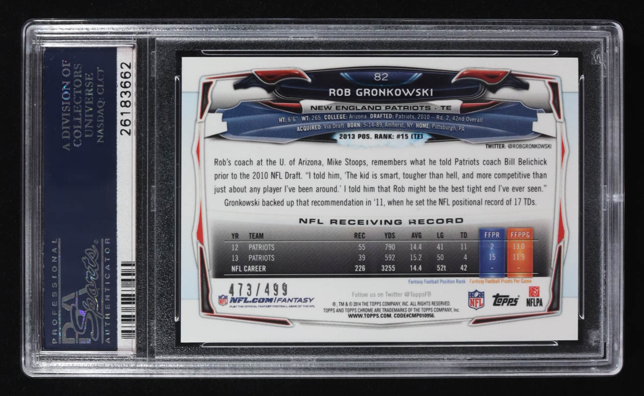 Rob Gronkowski 2014 Topps Chrome Blue Jersey- Camo Refractor #82 #473/499 (PSA 9) at PristineAuction.com Rob Gronkowski 2014 Topps Chrome Blue Jersey- Camo Refractor #82 #473/499 (PSA 9) at PristineAuction.com