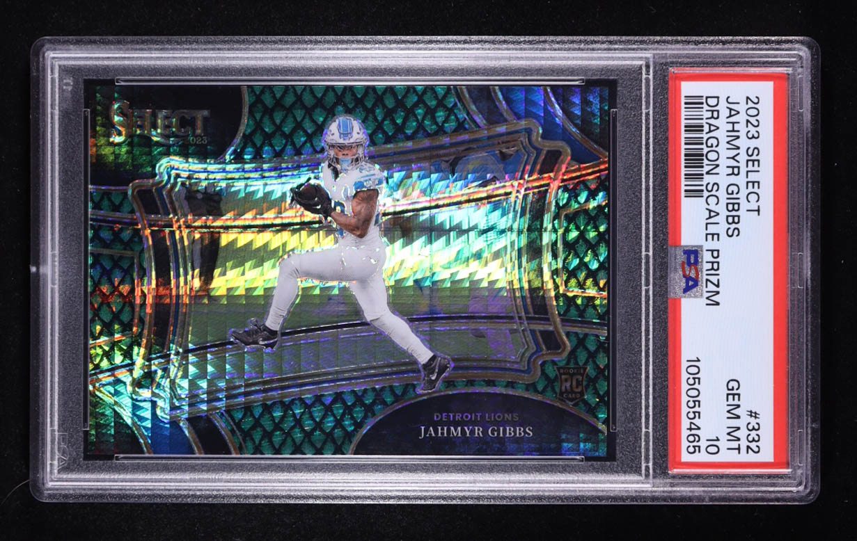 Jahmyr Gibbs 2023 Select Prizm Dragon Scale #332 #38/70 RC (PSA 10) at PristineAuction.com Jahmyr Gibbs 2023 Select Prizm Dragon Scale #332 #38/70 RC (PSA 10) at PristineAuction.com