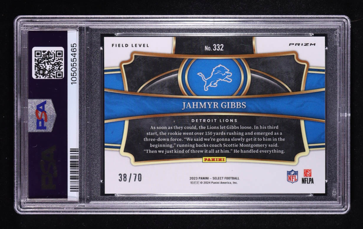 Jahmyr Gibbs 2023 Select Prizm Dragon Scale #332 #38/70 RC (PSA 10) at PristineAuction.com Jahmyr Gibbs 2023 Select Prizm Dragon Scale #332 #38/70 RC (PSA 10) at PristineAuction.com