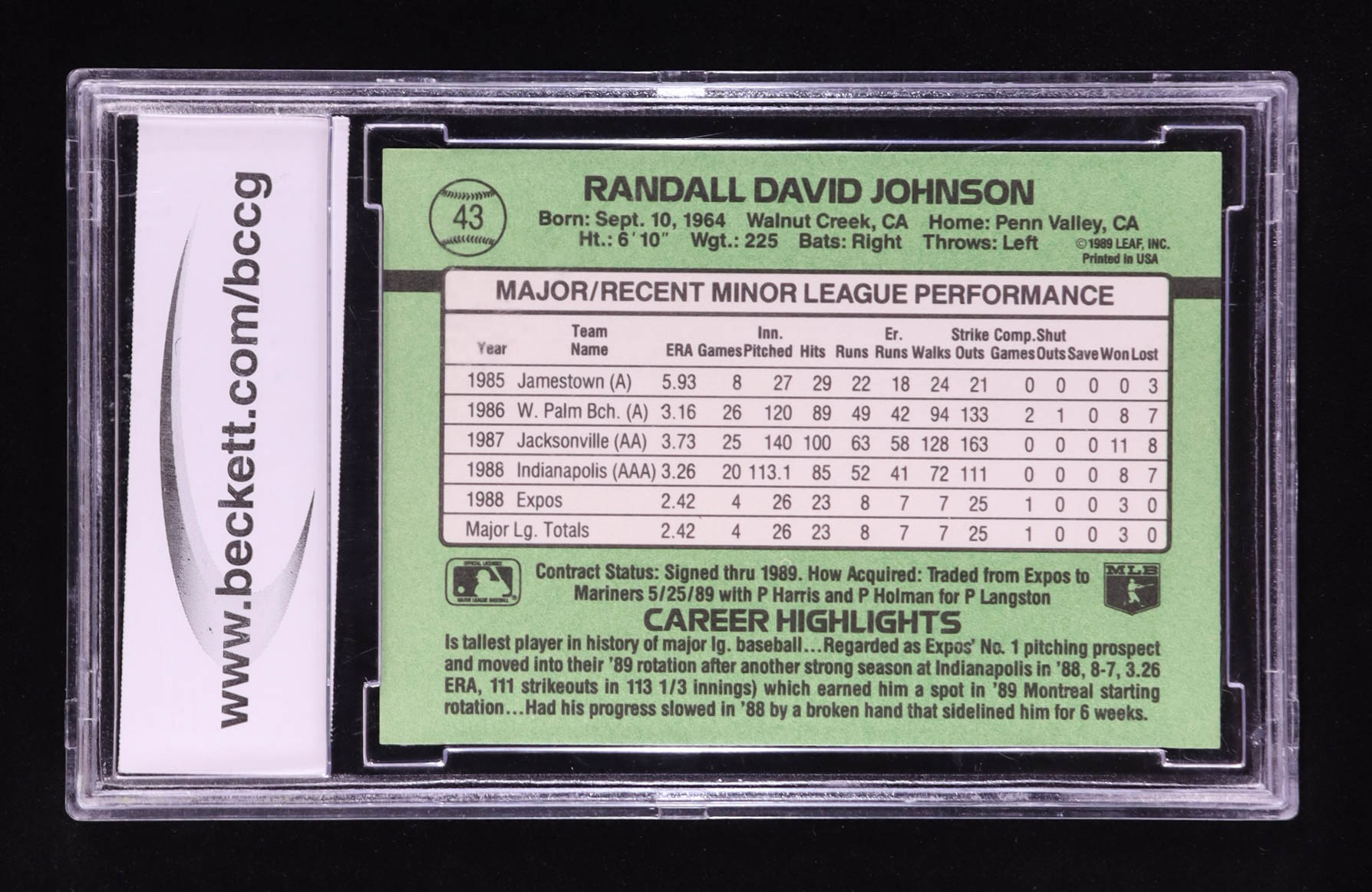 Randy Johnson 1989 Donruss Rookies #43 RC (BCCG 10) at PristineAuction.com Randy Johnson 1989 Donruss Rookies #43 RC (BCCG 10) at PristineAuction.com