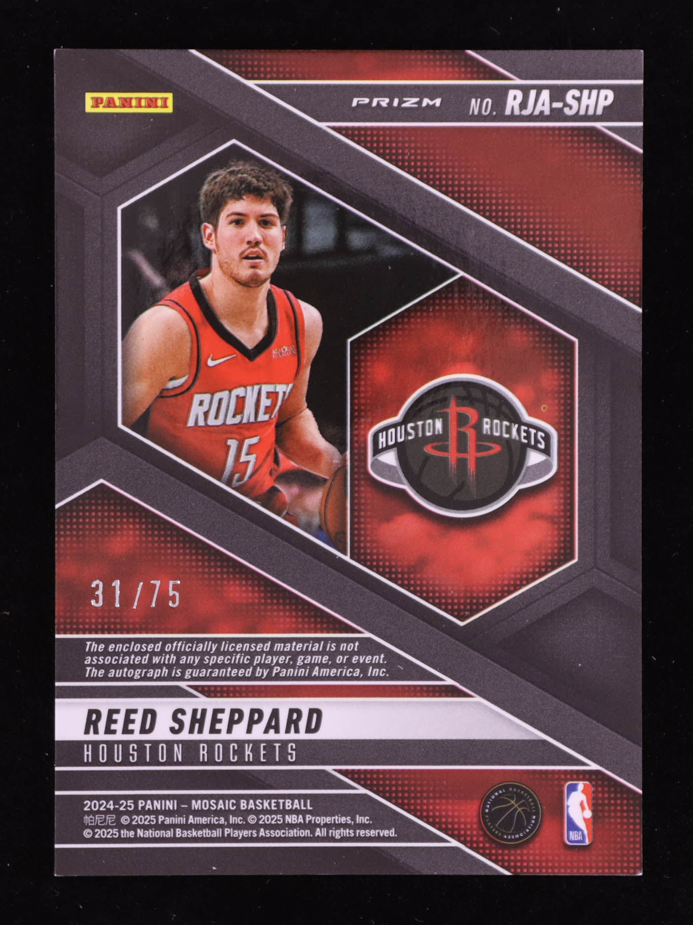 Reed Sheppard 2024-25 Panini Mosaic Rookie Jersey Autographs Bronze #19 #31/75 RC at PristineAuction.com Reed Sheppard 2024-25 Panini Mosaic Rookie Jersey Autographs Bronze #19 #31/75 RC at PristineAuction.com