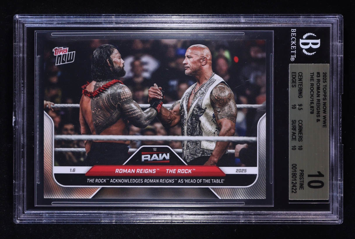 Roman Reigns & The Rock 2025 Topps Now WWE #3 (BGS 10) at PristineAuction.com Roman Reigns & The Rock 2025 Topps Now WWE #3 (BGS 10) at PristineAuction.com