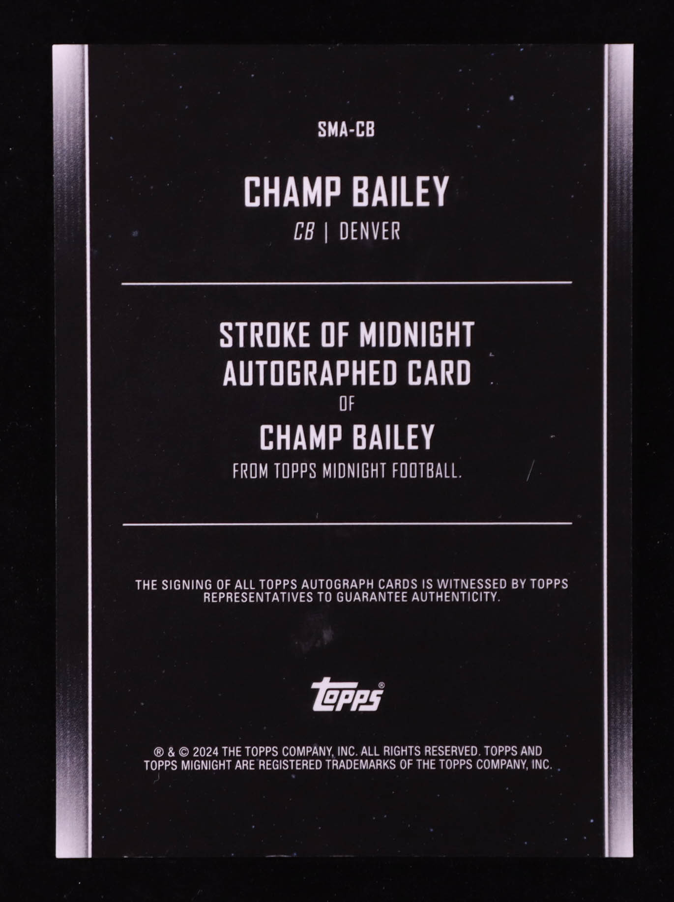 Champ Bailey 2024 Topps Midnight Stroke of Midnight Autographs Twilight #SMA-CB #46/99 at PristineAuction.com Champ Bailey 2024 Topps Midnight Stroke of Midnight Autographs Twilight #SMA-CB #46/99 at PristineAuction.com