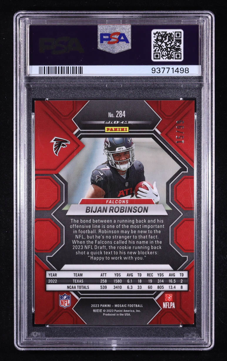 Bijan Robinson 2023 Panini Mosaic Mosaic Blue #284 RC #15/99 (PSA 9) at PristineAuction.com Bijan Robinson 2023 Panini Mosaic Mosaic Blue #284 RC #15/99 (PSA 9) at PristineAuction.com
