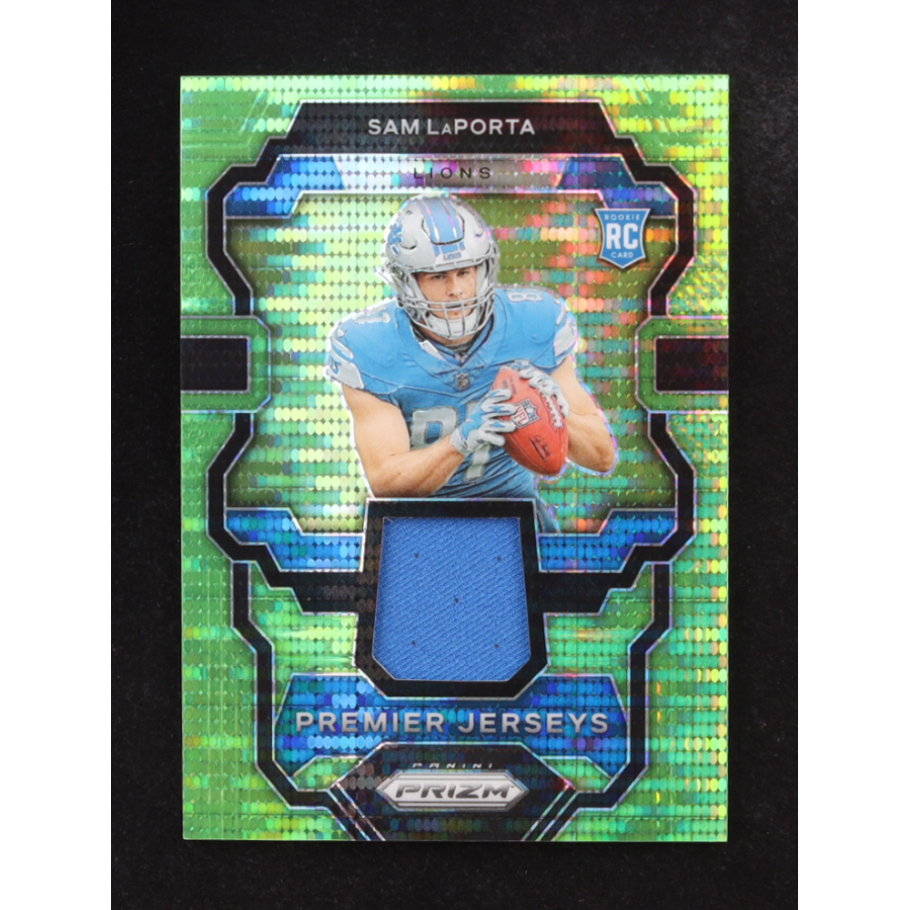 Sam LaPorta 2023 Panini Prizm Premier Jerseys Neon Green Pulsar #21 RC at PristineAuction.com