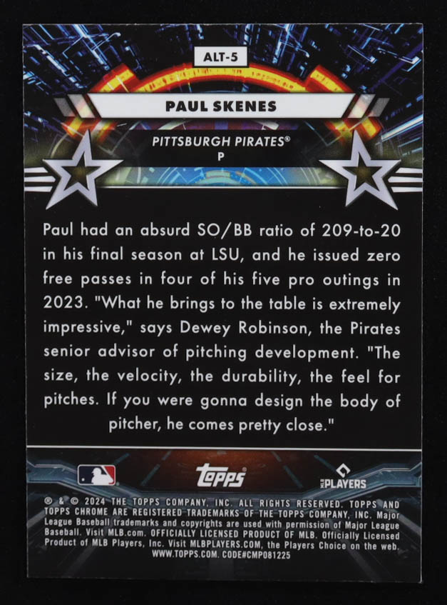 Paul Skenes 2024 Topps Chrome Star Command #ALT-5 RC at PristineAuction.com Paul Skenes 2024 Topps Chrome Star Command #ALT-5 RC at PristineAuction.com