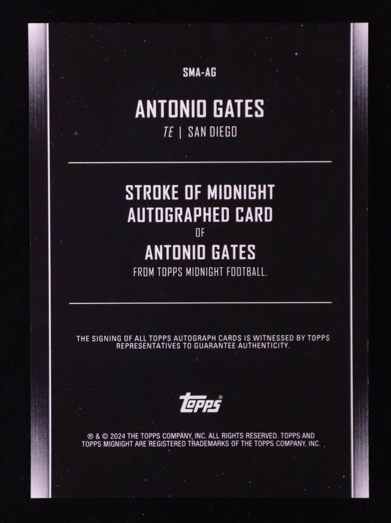 Antonio Gates 2024 Topps Midnight Stroke of Midnight Autographs Twilight #SMA-AG #2/99 at PristineAuction.com Antonio Gates 2024 Topps Midnight Stroke of Midnight Autographs Twilight #SMA-AG #2/99 at PristineAuction.com
