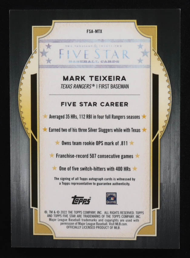 Mark Teixeira 2022 Topps Five Star Autographs #FSA-MTX #25/50 at PristineAuction.com Mark Teixeira 2022 Topps Five Star Autographs #FSA-MTX #25/50 at PristineAuction.com