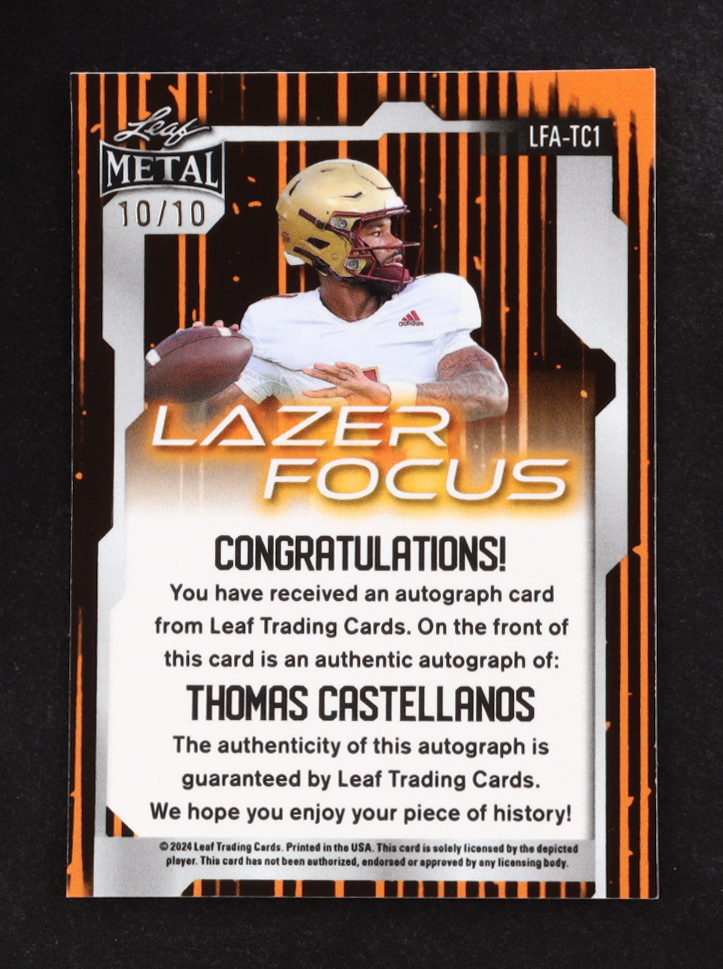 Thomas Castellanos 2024 Leaf Metal Lazer Focus Autographs #LFA-TC1 RC #10/10 at PristineAuction.com Thomas Castellanos 2024 Leaf Metal Lazer Focus Autographs #LFA-TC1 RC #10/10 at PristineAuction.com