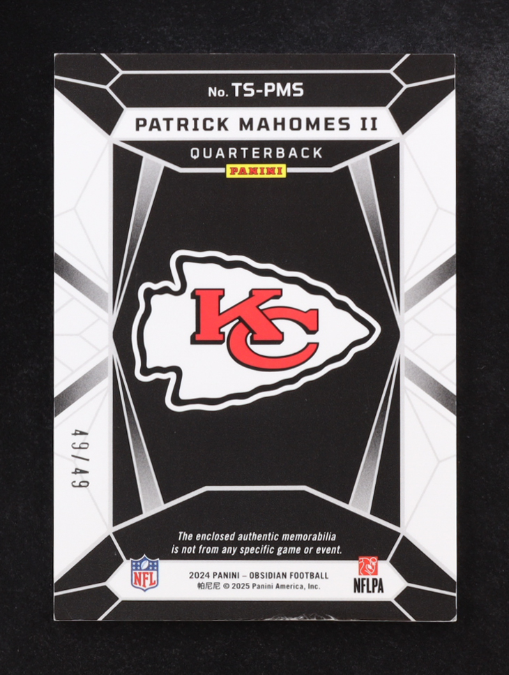 Patrick Mahomes II 2024 Panini Obsidian Trifecta Swatches Purple #12 #49/49 at PristineAuction.com Patrick Mahomes II 2024 Panini Obsidian Trifecta Swatches Purple #12 #49/49 at PristineAuction.com