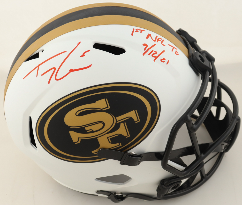 Trey Lance Signed 49ers Full-Size Authentic On-Field Lunar Eclipse Alternate Speed Helmet Inscribed "1st NFL TD 9/12/21" (Beckett) at PristineAuction.com Trey Lance Signed 49ers Full-Size Authentic On-Field Lunar Eclipse Alternate Speed Helmet Inscribed "1st NFL TD 9/12/21" (Beckett) at PristineAuction.com