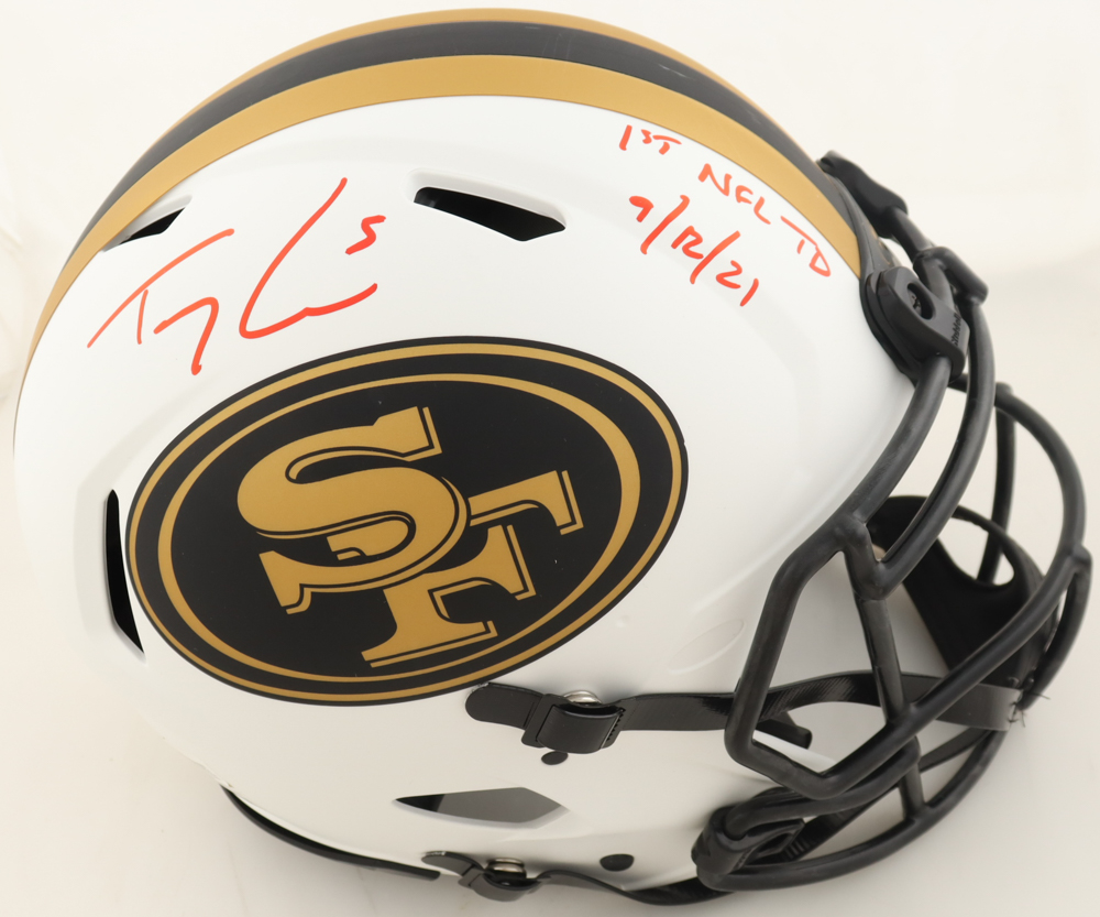 Trey Lance Signed 49ers Full-Size Authentic On-Field Lunar Eclipse Alternate Speed Helmet Inscribed "1st NFL TD 9/12/21" (Beckett) at PristineAuction.com Trey Lance Signed 49ers Full-Size Authentic On-Field Lunar Eclipse Alternate Speed Helmet Inscribed "1st NFL TD 9/12/21" (Beckett) at PristineAuction.com