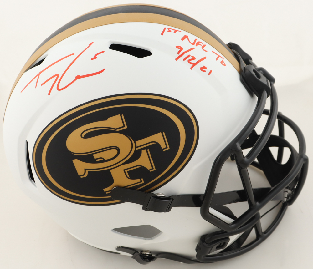 Trey Lance Signed 49ers Full-Size Lunar Eclipse Alternate Speed Helmet Inscribed "1st NFL TD 9/12/21" (Beckett) at PristineAuction.com Trey Lance Signed 49ers Full-Size Lunar Eclipse Alternate Speed Helmet Inscribed "1st NFL TD 9/12/21" (Beckett) at PristineAuction.com