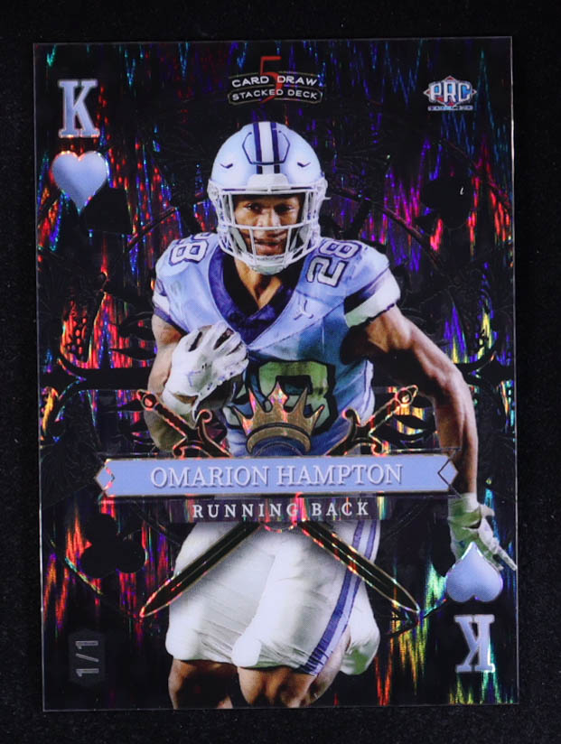 Omarion Hampton 2024 Wild Card 5 Card Draw Stacked Deck King of Hearts Silver Shock #SDPHOHN RC #1/1 at PristineAuction.com Omarion Hampton 2024 Wild Card 5 Card Draw Stacked Deck King of Hearts Silver Shock #SDPHOHN RC #1/1 at PristineAuction.com