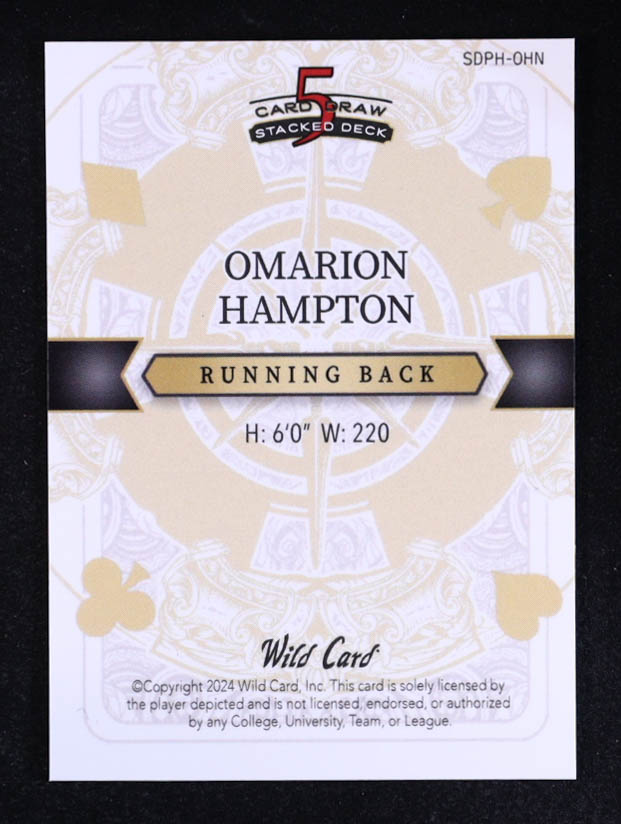Omarion Hampton 2024 Wild Card 5 Card Draw Stacked Deck King of Hearts Silver Shock #SDPHOHN RC #1/1 at PristineAuction.com Omarion Hampton 2024 Wild Card 5 Card Draw Stacked Deck King of Hearts Silver Shock #SDPHOHN RC #1/1 at PristineAuction.com